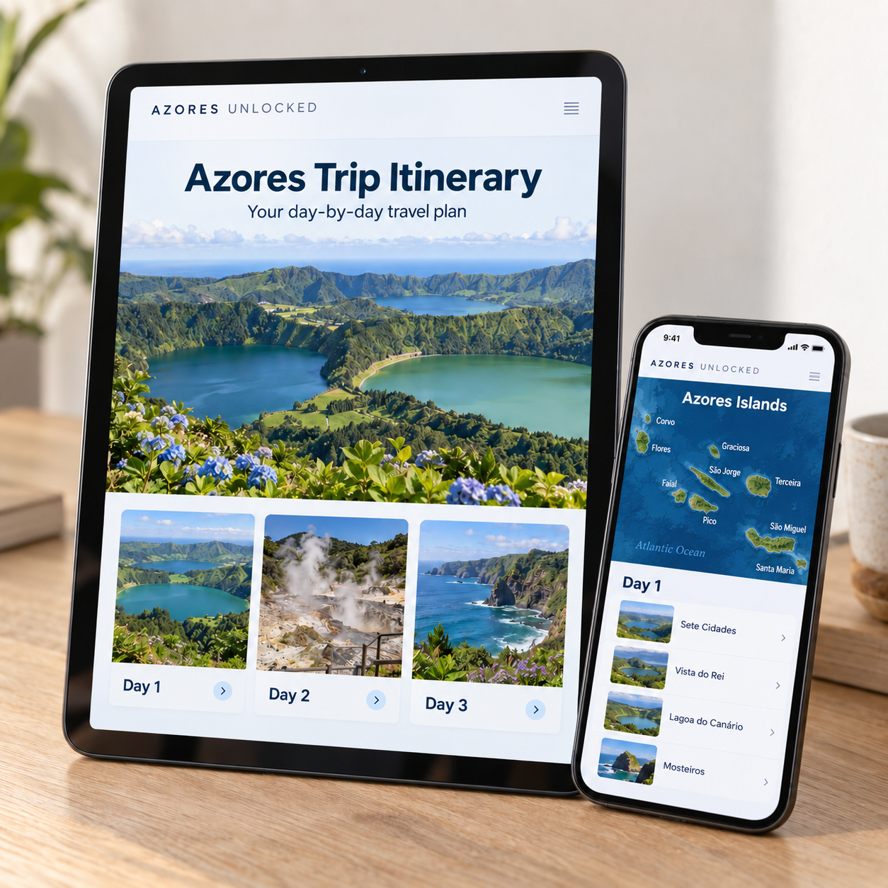 Azores trip itinerary on a tablet and island map on a phone